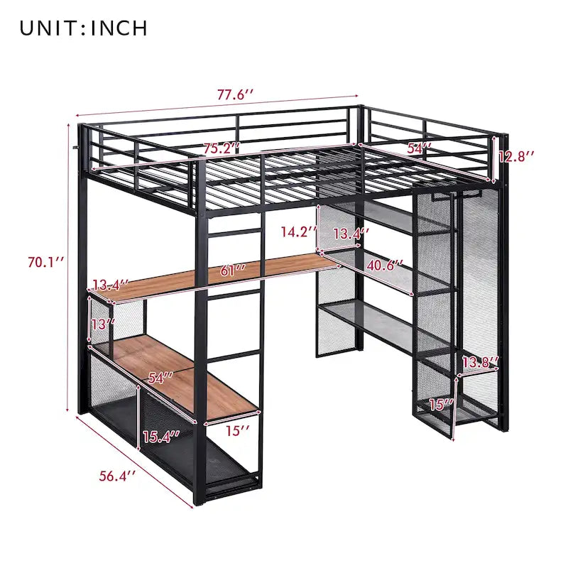 Cama alta matrimonial de metal con almacenamiento de malla de hierro, estantes de MDF y armario abierto