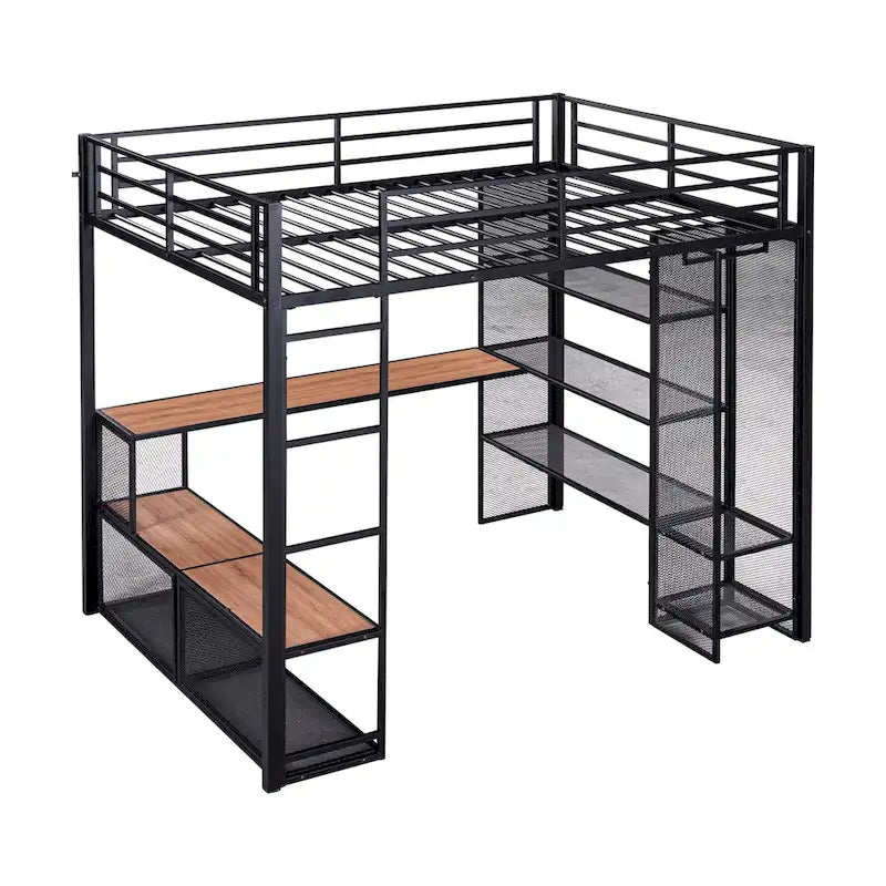 Cama alta matrimonial de metal con almacenamiento de malla de hierro, estantes de MDF y armario abierto
