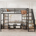 Metalen hoogslaper in full size met trap, lage opbergtafel en opbergplanken