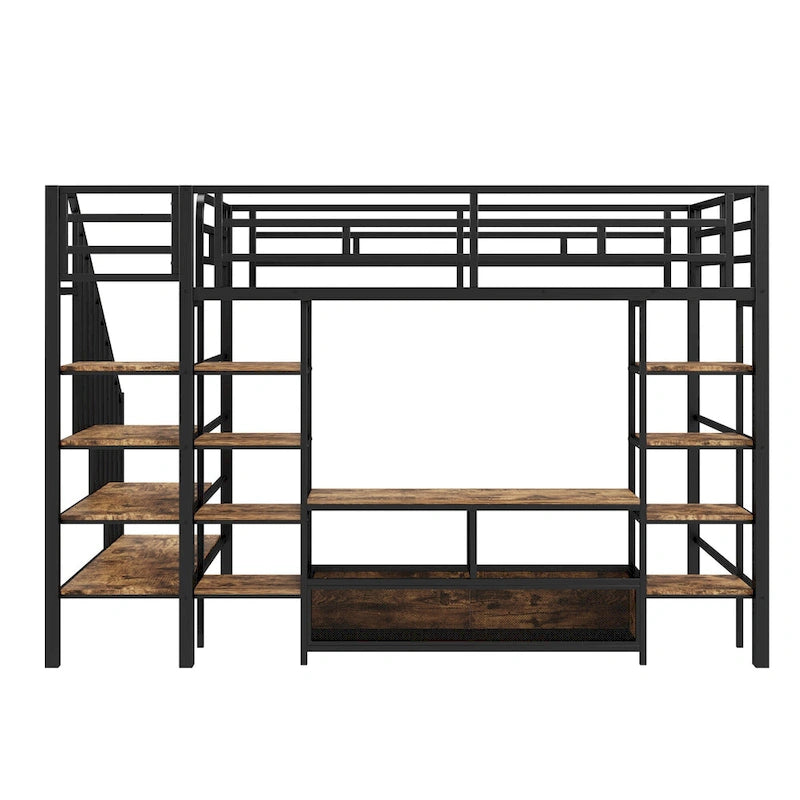 Full Size Metal Loft Bed with Staircase,Low Storage Table and Storage Shelves