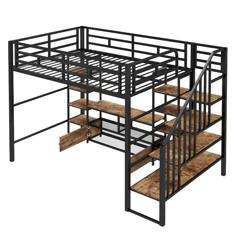Cama alta de metal tamaño Full con escalera, mesa baja de almacenamiento y estantes de almacenamiento