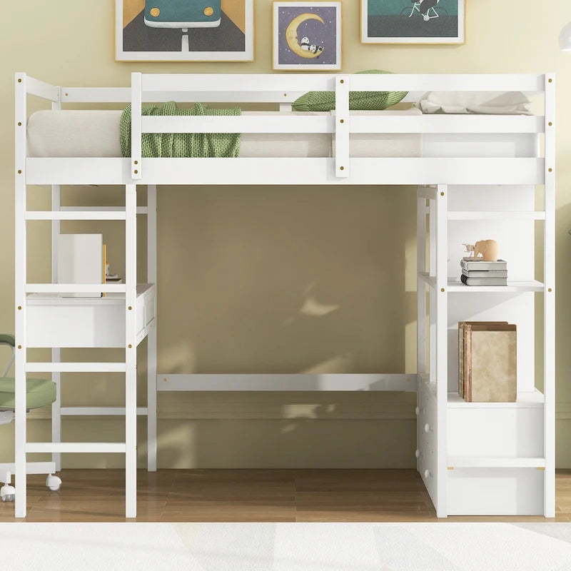 Cama alta matrimonial con escritorio empotrado con dos cajones, estantes de almacenamiento y cajones