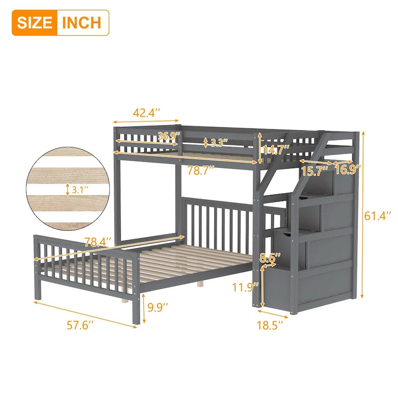 Hochbett in Einzelbettgröße über Bett in voller Größe mit Treppe