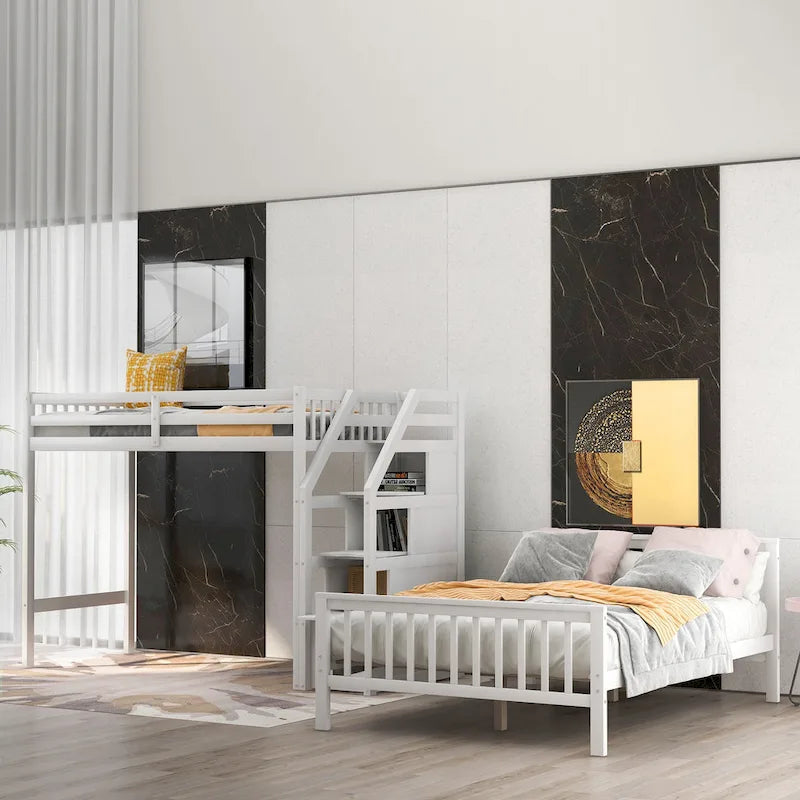 Cama alta doble sobre cama matrimonial con escalera