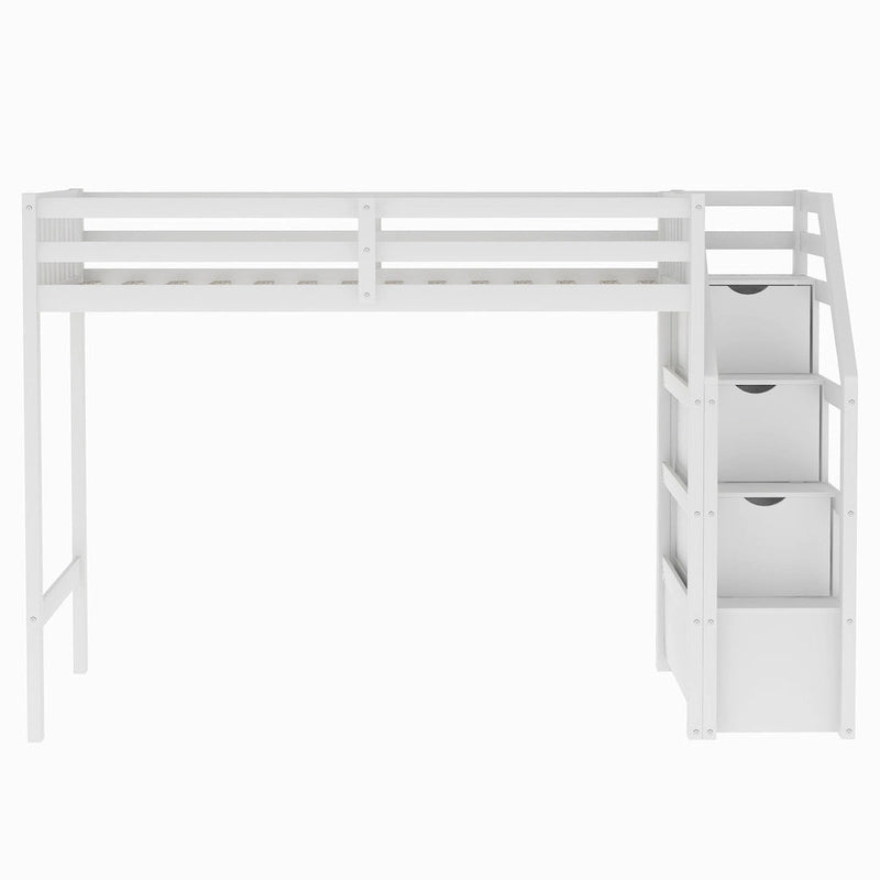 Hochbett in Einzelbettgröße über Bett in voller Größe mit Treppe