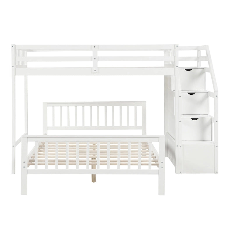 Hochbett in Einzelbettgröße über Bett in voller Größe mit Treppe