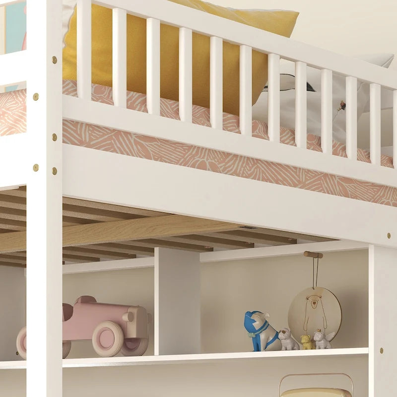 Cama alta tamaño Full con escritorio integrado, estanterías para libros y escalera de almacenamiento