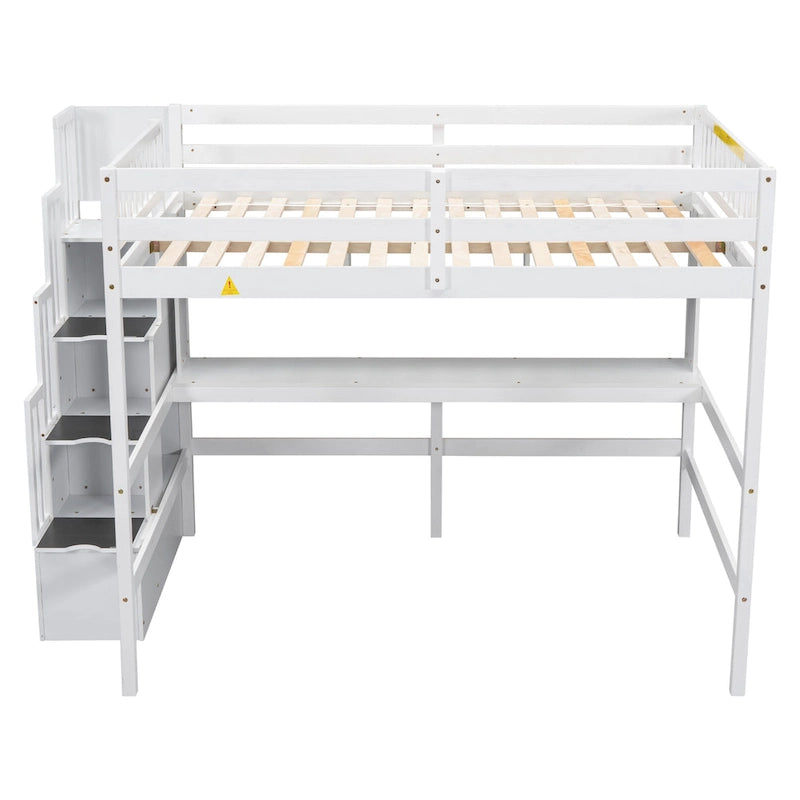 Cama alta tamaño Full con escritorio integrado, estanterías para libros y escalera de almacenamiento