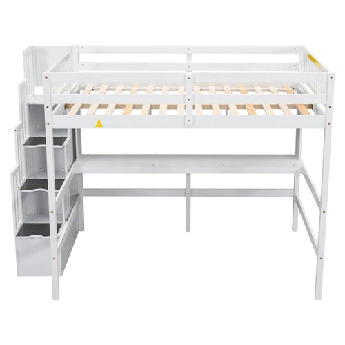 Cama alta tamaño Full con escritorio integrado, estanterías para libros y escalera de almacenamiento
