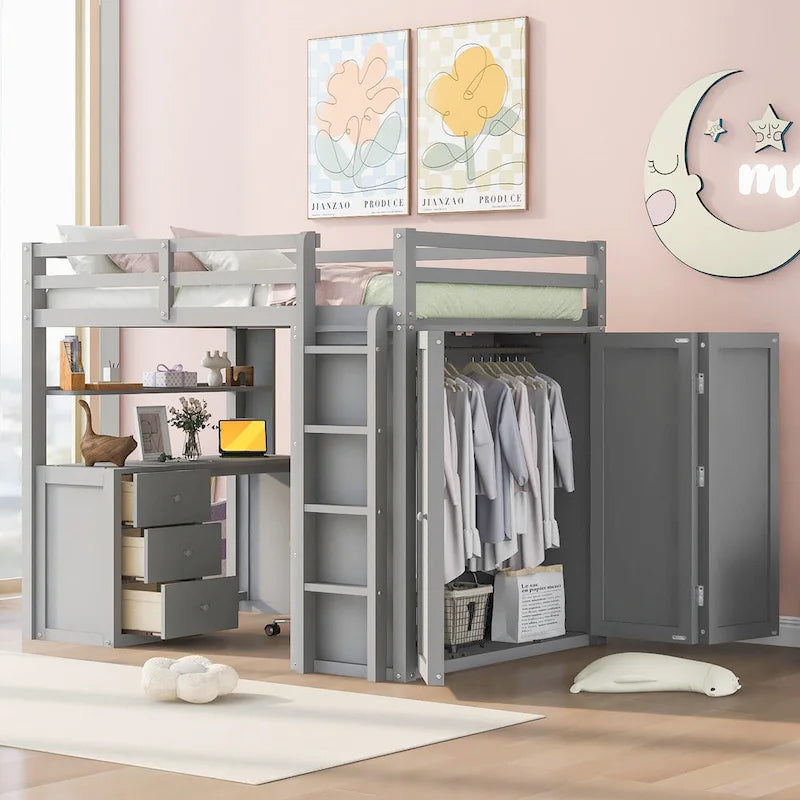 Full Loft Bed with Study Station, Wardrobe, Desk & Drawers