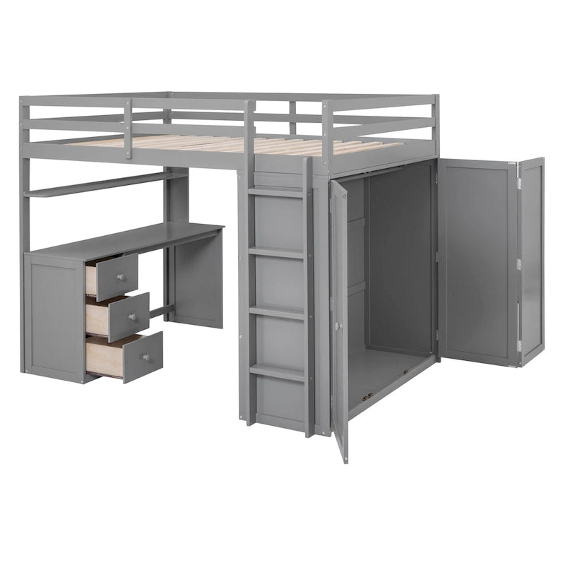 Hoogslaper voor een tweepersoonsbed met studeerplek, kledingkast, bureau en laden