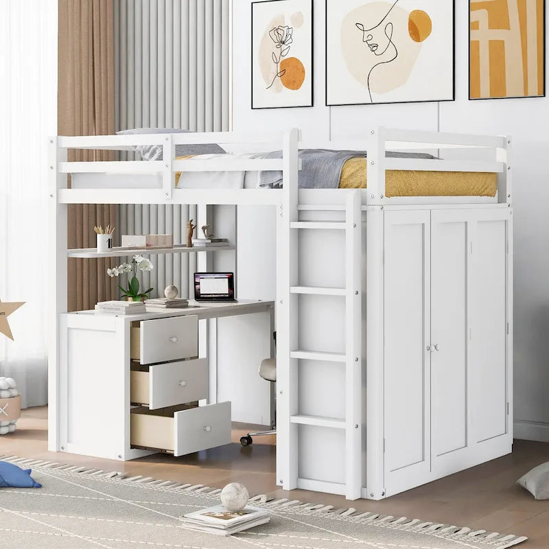 Hoogslaper voor een tweepersoonsbed met studeerplek, kledingkast, bureau en laden
