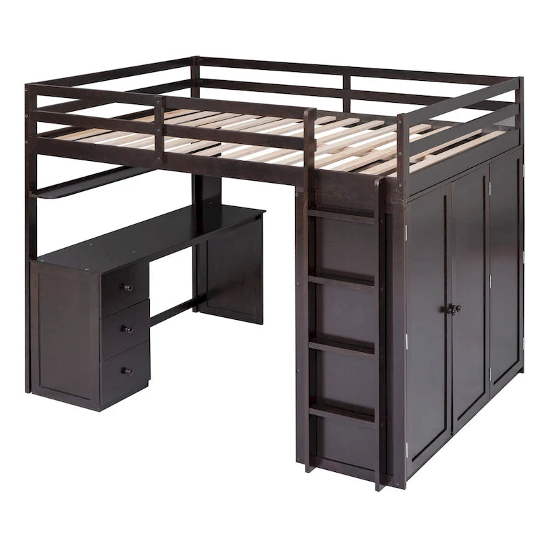 Hoogslaper voor een tweepersoonsbed met studeerplek, kledingkast, bureau en laden