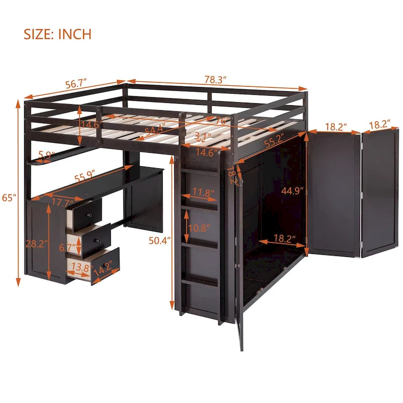 Hoogslaper voor een tweepersoonsbed met studeerplek, kledingkast, bureau en laden