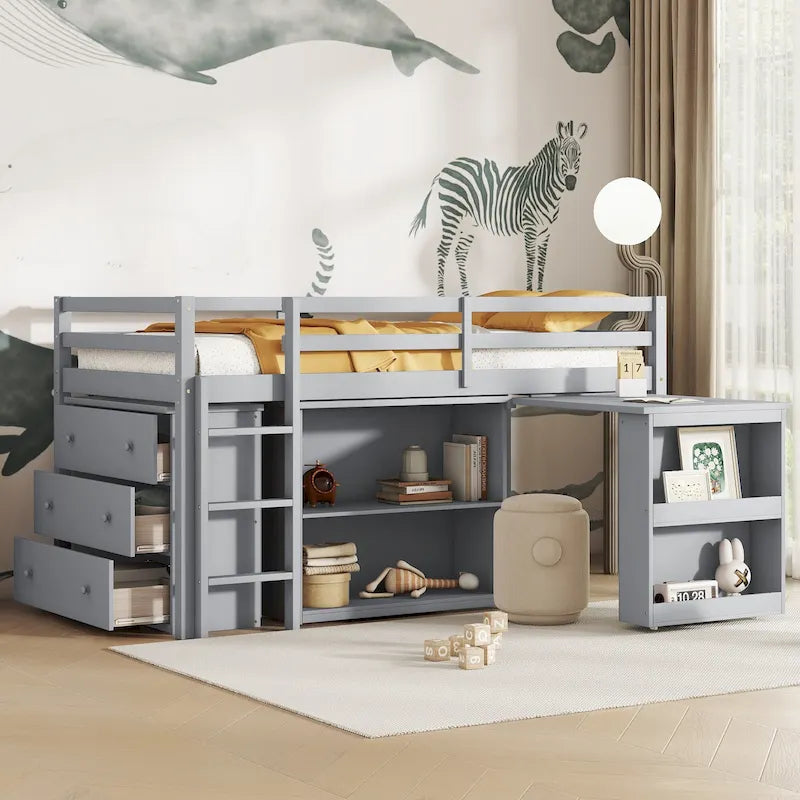 Cama alta individual con escritorio extraíble, gabinete con 3 cajones y estantes