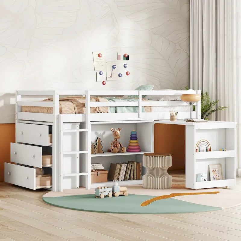 Cama alta individual con escritorio extraíble, gabinete con 3 cajones y estantes