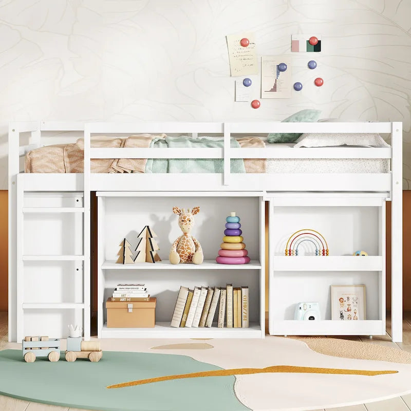 Twin Loft Bed with Pull-Out Desk, 3-Drawer Cabinet & Shelves