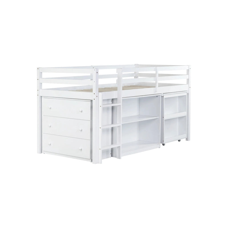 Hochbett in Einzelbettgröße mit ausziehbarem Schreibtisch, Schrank mit 3 Schubladen und Regalen