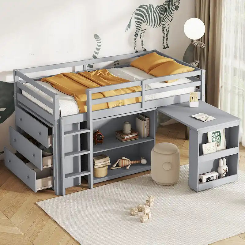 Hochbett in Einzelbettgröße mit ausziehbarem Schreibtisch, Schrank mit 3 Schubladen und Regalen