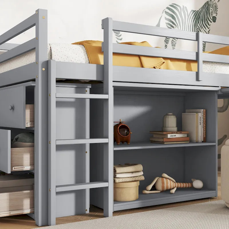 Hochbett in Einzelbettgröße mit ausziehbarem Schreibtisch, Schrank mit 3 Schubladen und Regalen