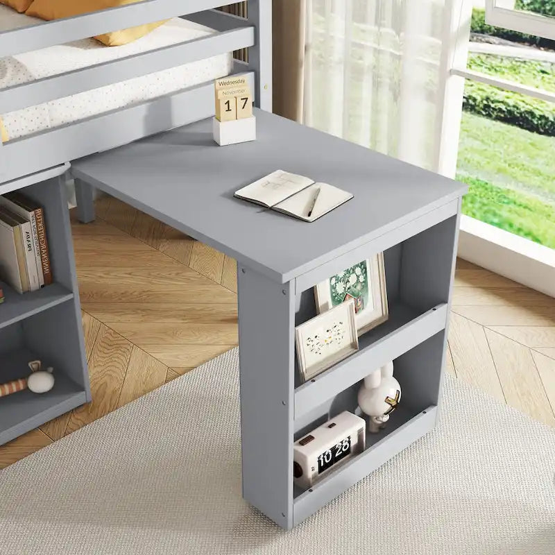 Hochbett in Einzelbettgröße mit ausziehbarem Schreibtisch, Schrank mit 3 Schubladen und Regalen
