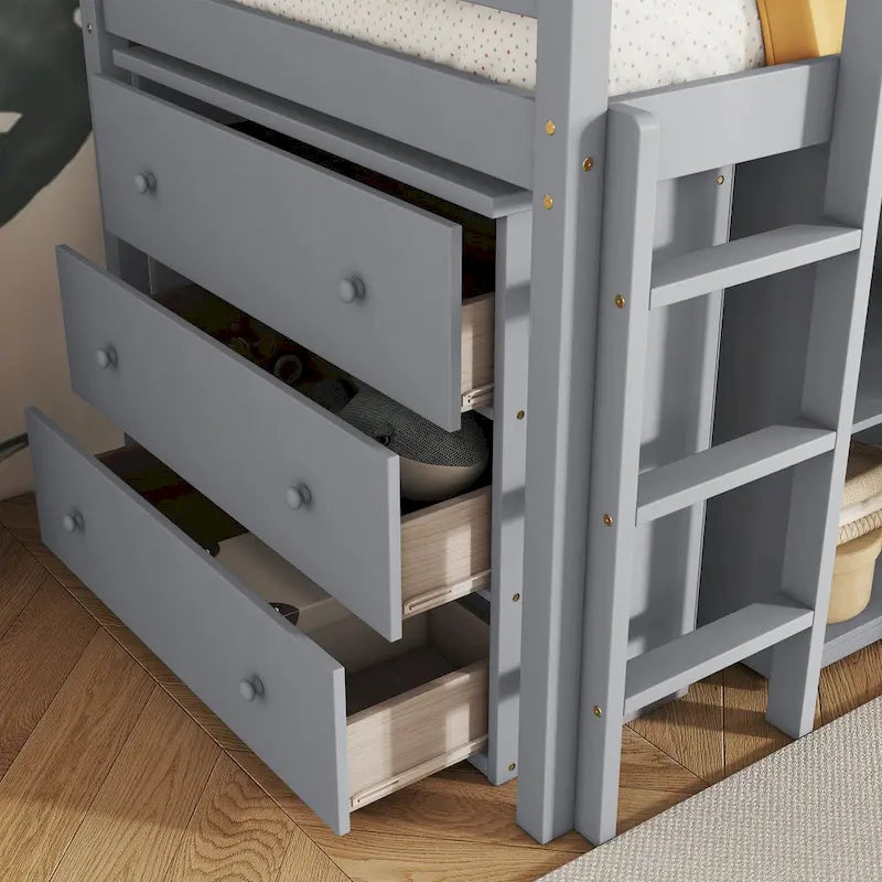 Hochbett in Einzelbettgröße mit ausziehbarem Schreibtisch, Schrank mit 3 Schubladen und Regalen