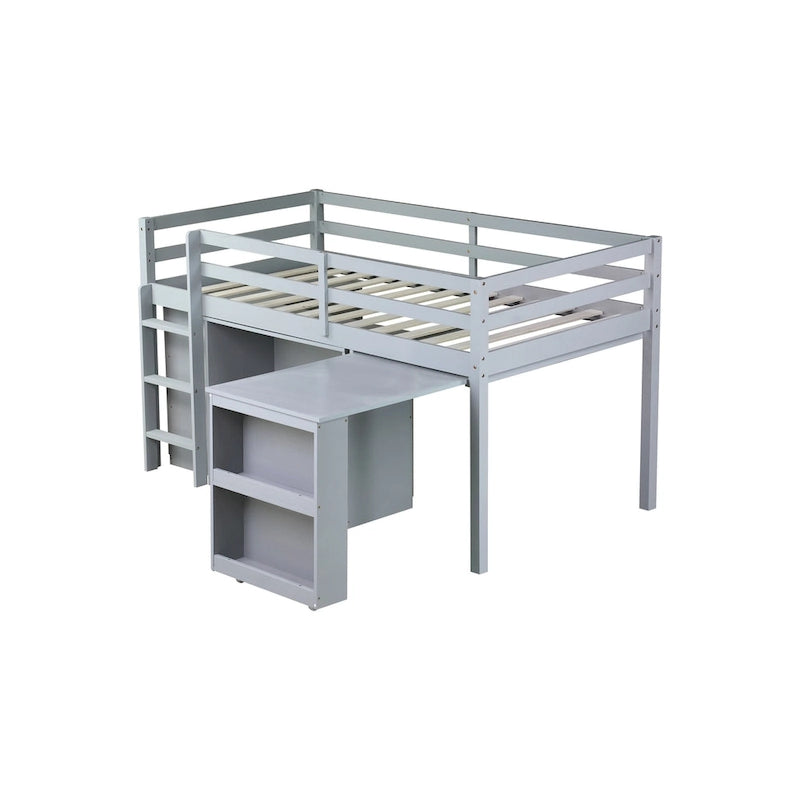 Hochbett in Einzelbettgröße mit ausziehbarem Schreibtisch, Schrank mit 3 Schubladen und Regalen