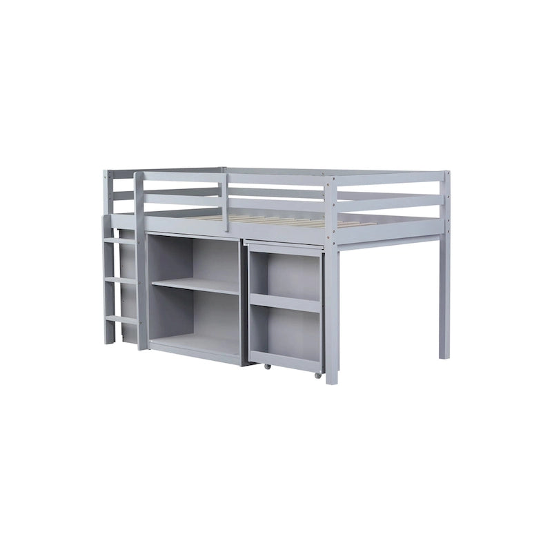 Hochbett in Einzelbettgröße mit ausziehbarem Schreibtisch, Schrank mit 3 Schubladen und Regalen