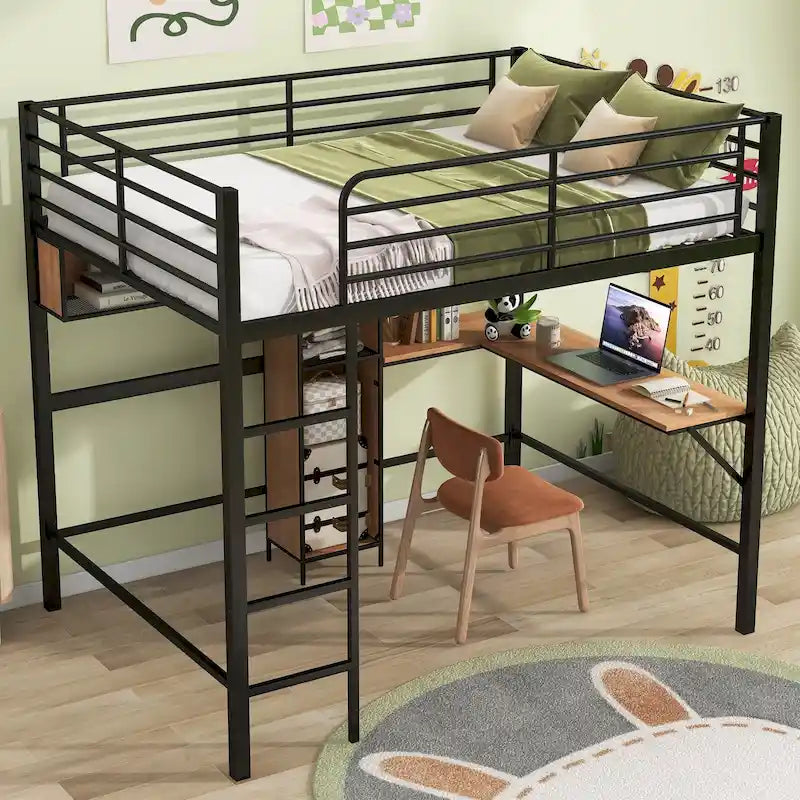 Cama alta matrimonial de metal y madera con escritorio en forma de L y estantes