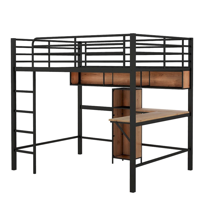 Cama alta matrimonial de metal y madera con escritorio en forma de L y estantes