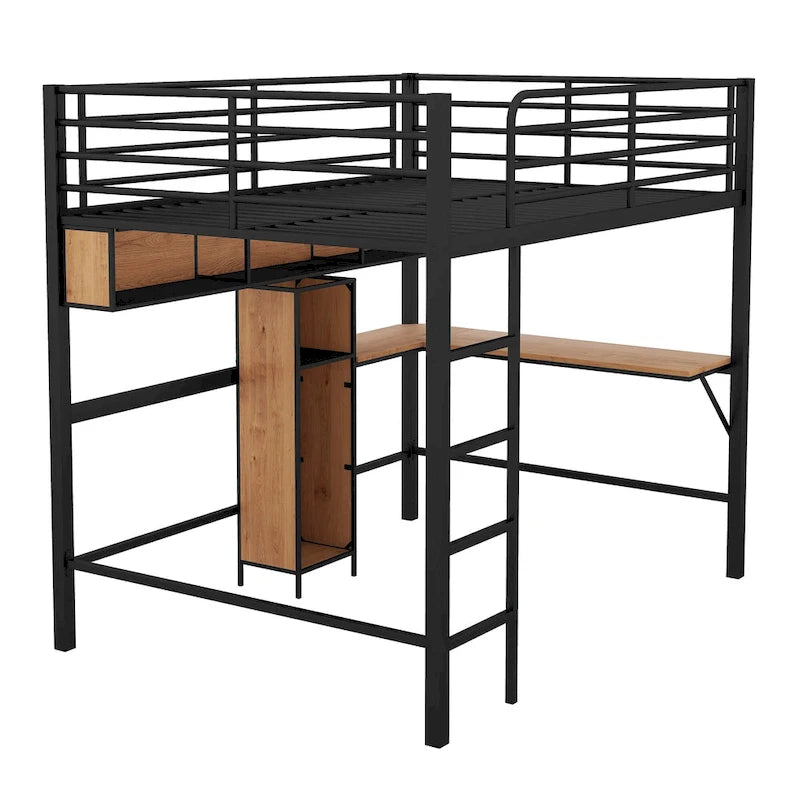Cama alta matrimonial de metal y madera con escritorio en forma de L y estantes