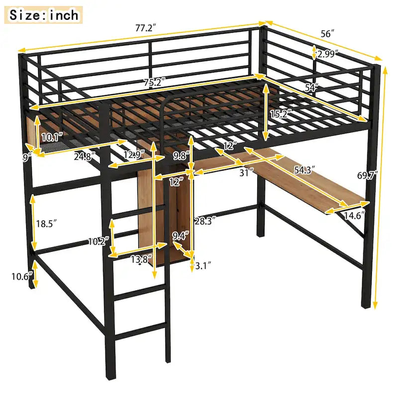 Metall- und Holz-Hochbett in voller Größe mit L-förmigem Schreibtisch und Regalen