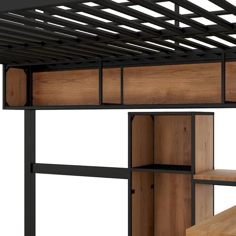 Metall- und Holz-Hochbett in voller Größe mit L-förmigem Schreibtisch und Regalen