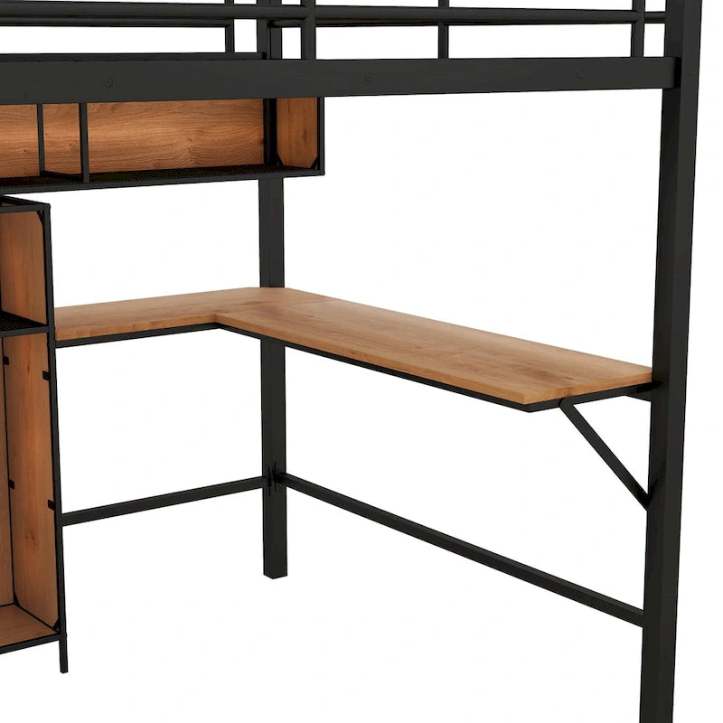 Metall- und Holz-Hochbett in voller Größe mit L-förmigem Schreibtisch und Regalen