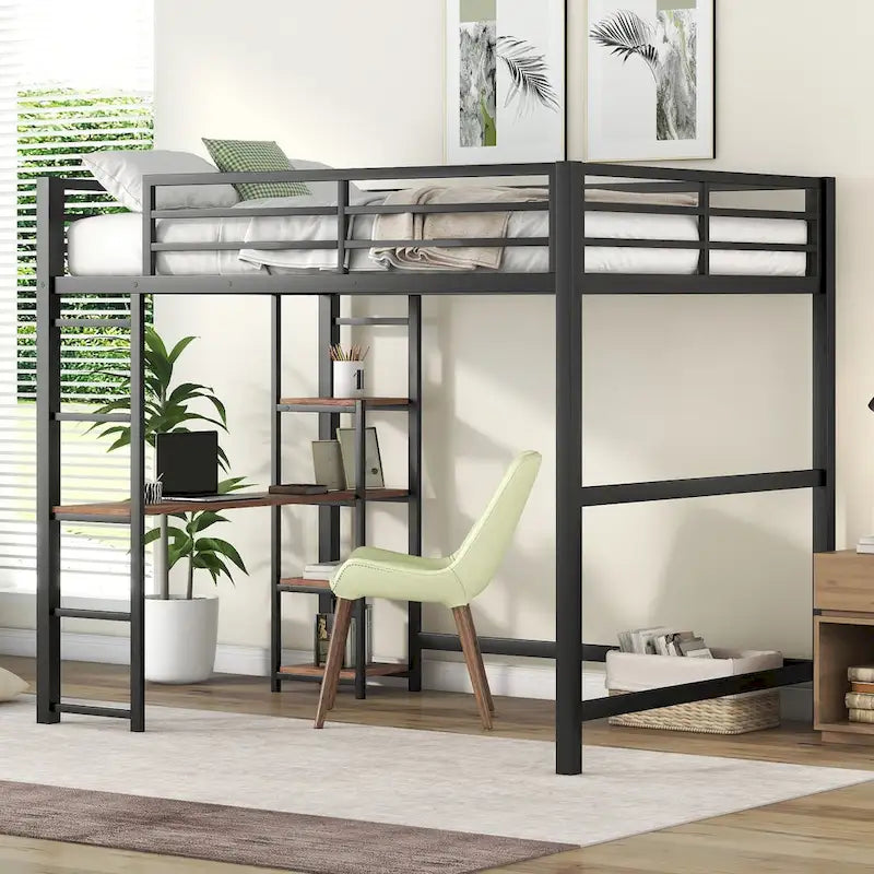 Cama alta metálica de tamaño matrimonial con escritorio integrado y estantes de almacenamiento