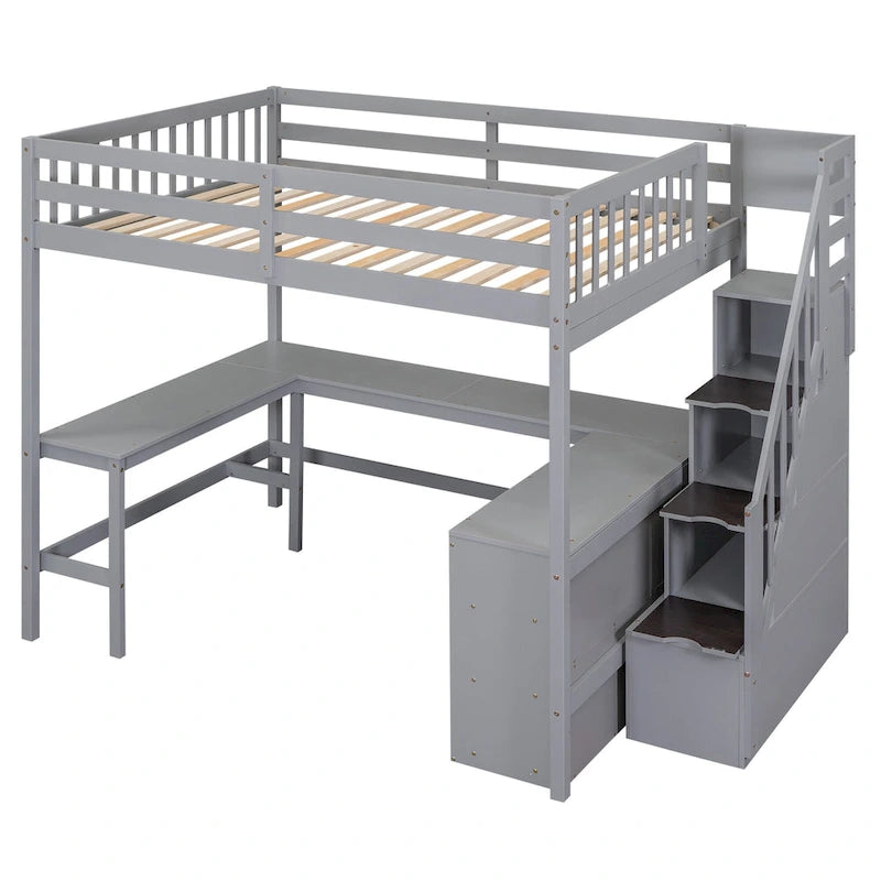 Hoogslaper in full size met ingebouwd L-vormig bureau, opbergplanken met drie niveaus en aangrenzende opbergtrede, wit
