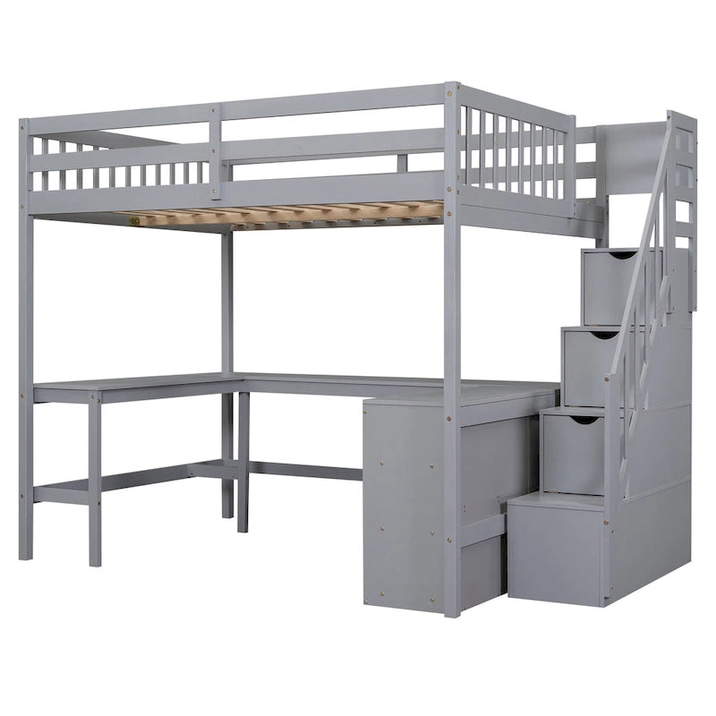 Hoogslaper in full size met ingebouwd L-vormig bureau, opbergplanken met drie niveaus en aangrenzende opbergtrede, wit