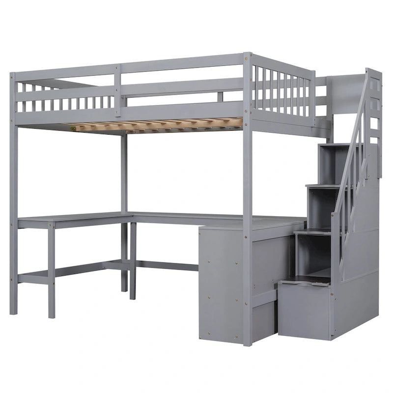 Cama alta tamaño Full con escritorio integrado en forma de L, estantes de almacenamiento de tres niveles y escalera de almacenamiento incorporada, blanca