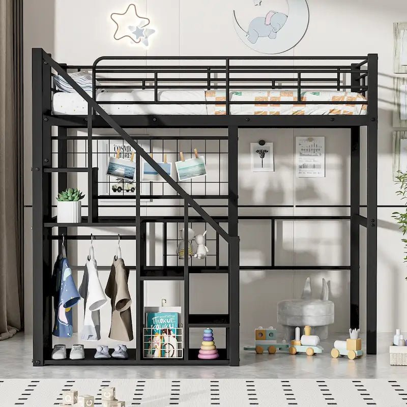 Cama alta moderna tamaño Twin con escalera de almacenamiento y armario pequeño, estructura de cama alta de metal resistente con barandillas de seguridad para niños y niñas