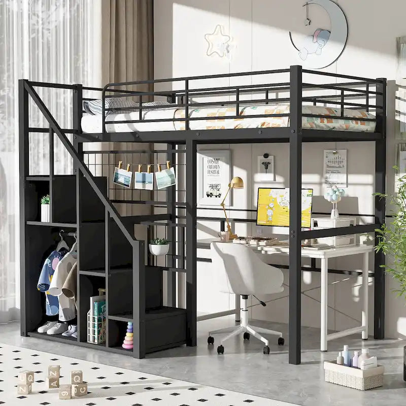 Cama alta moderna tamaño Twin con escalera de almacenamiento y armario pequeño, estructura de cama alta de metal resistente con barandillas de seguridad para niños y niñas