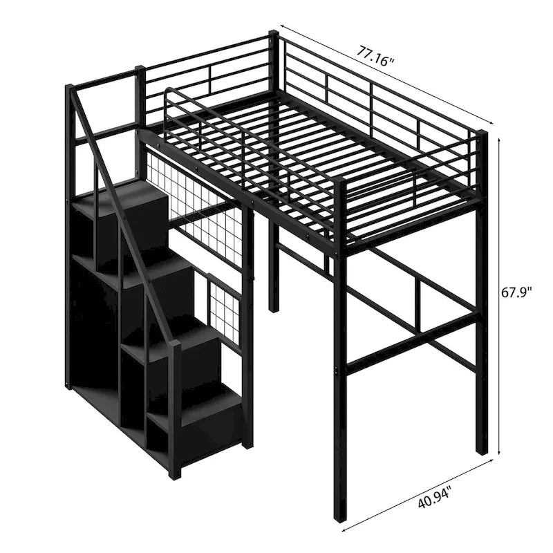 Letto a soppalco Twin moderno con scala contenitore e piccolo armadio, robusta struttura letto a soppalco in metallo con sponde di sicurezza per bambini e bambine