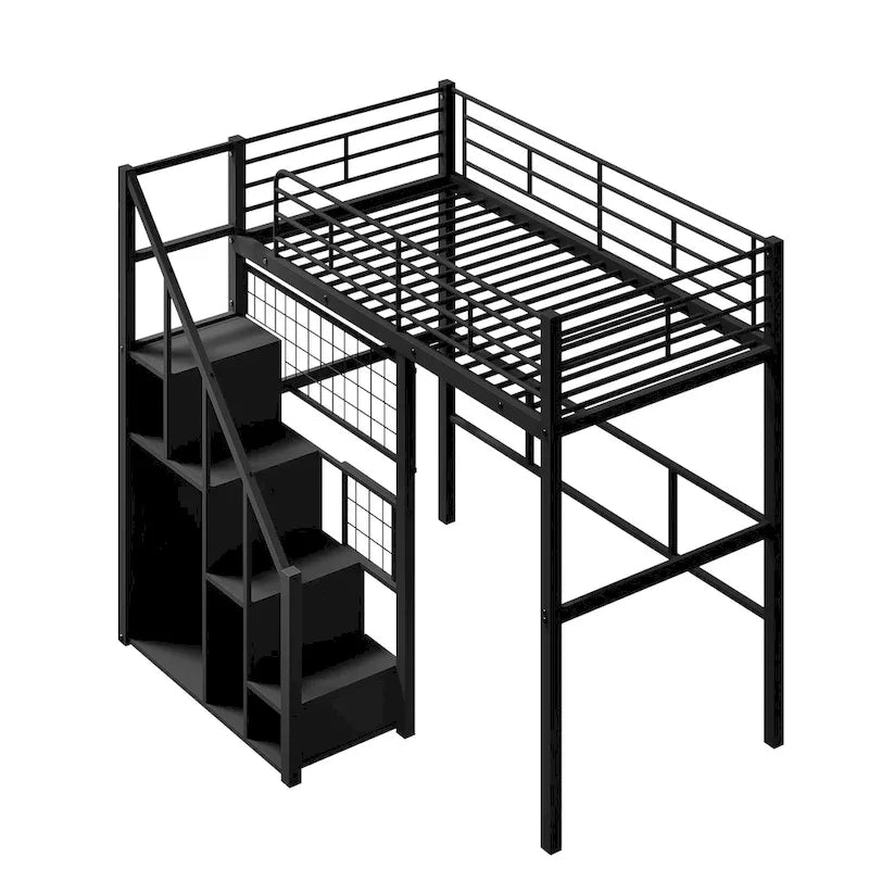 Cama alta moderna tamaño Twin con escalera de almacenamiento y armario pequeño, estructura de cama alta de metal resistente con barandillas de seguridad para niños y niñas