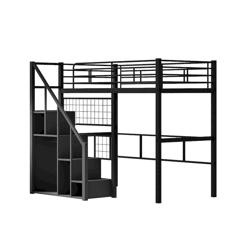 Letto a soppalco Twin moderno con scala contenitore e piccolo armadio, robusta struttura letto a soppalco in metallo con sponde di sicurezza per bambini e bambine