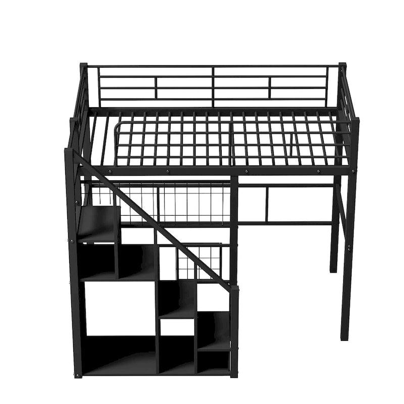 Letto a soppalco Twin moderno con scala contenitore e piccolo armadio, robusta struttura letto a soppalco in metallo con sponde di sicurezza per bambini e bambine