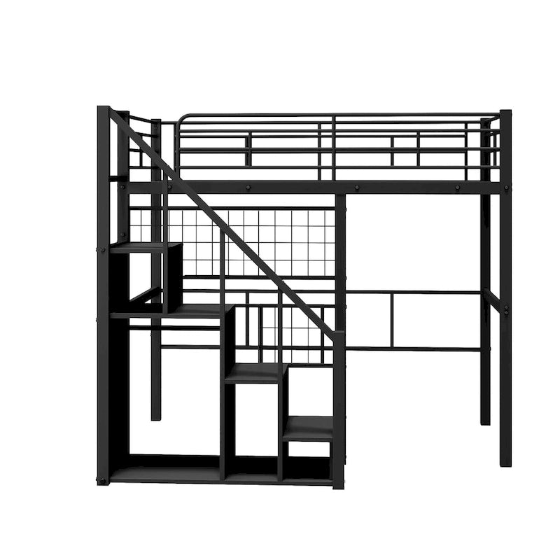 Letto a soppalco Twin moderno con scala contenitore e piccolo armadio, robusta struttura letto a soppalco in metallo con sponde di sicurezza per bambini e bambine