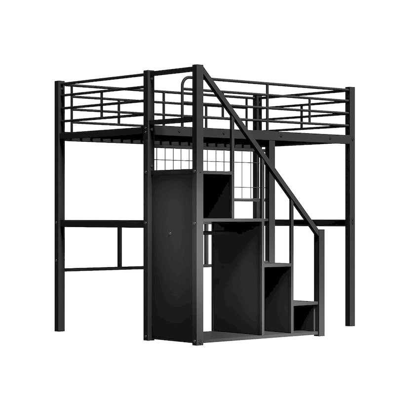 Letto a soppalco Twin moderno con scala contenitore e piccolo armadio, robusta struttura letto a soppalco in metallo con sponde di sicurezza per bambini e bambine