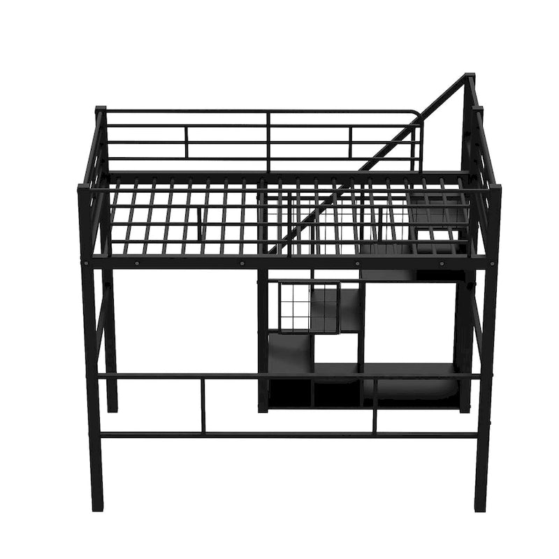 Letto a soppalco Twin moderno con scala contenitore e piccolo armadio, robusta struttura letto a soppalco in metallo con sponde di sicurezza per bambini e bambine