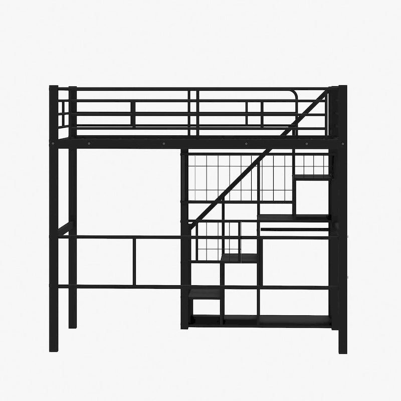 Letto a soppalco Twin moderno con scala contenitore e piccolo armadio, robusta struttura letto a soppalco in metallo con sponde di sicurezza per bambini e bambine