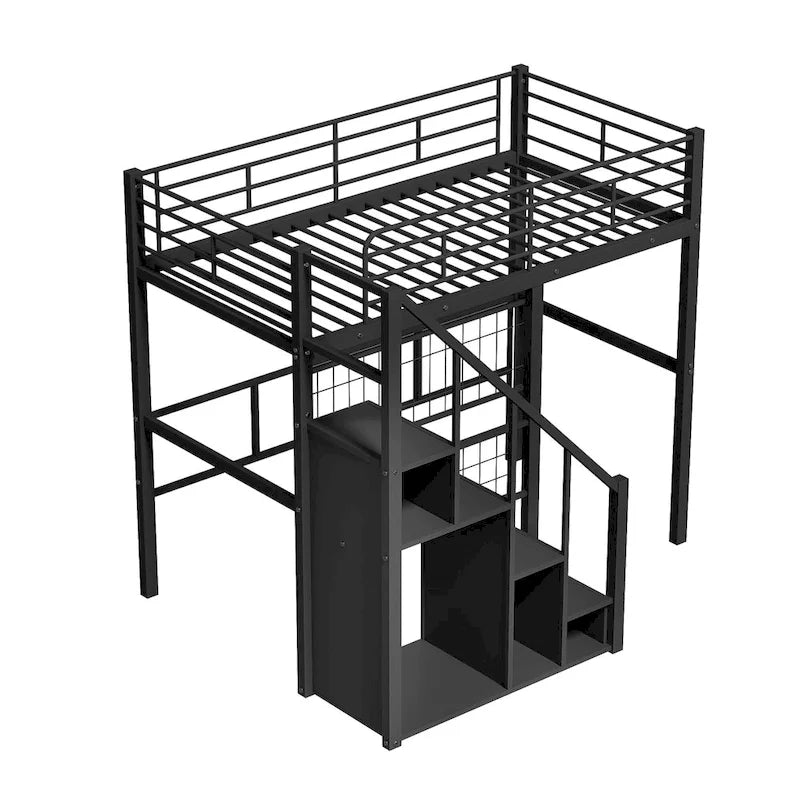 Letto a soppalco Twin moderno con scala contenitore e piccolo armadio, robusta struttura letto a soppalco in metallo con sponde di sicurezza per bambini e bambine