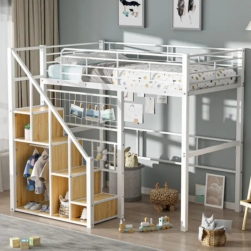 Letto a soppalco Twin moderno con scala contenitore e piccolo armadio, robusta struttura letto a soppalco in metallo con sponde di sicurezza per bambini e bambine